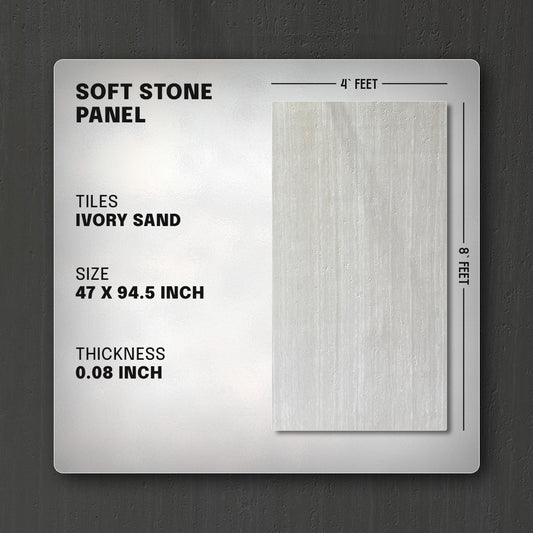 Soft stone panel sample with dimensions and specifications on a gray background, soft stone panel, faux stone panel, wall panel, soft stone, stone look wall panel