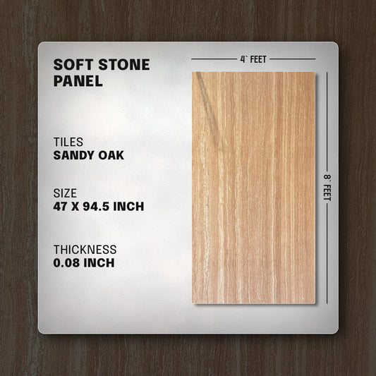 Soft stone panel sample with sandy oak finish on a wooden background , soft stone, faux stone, wall panel, stone look wall panel