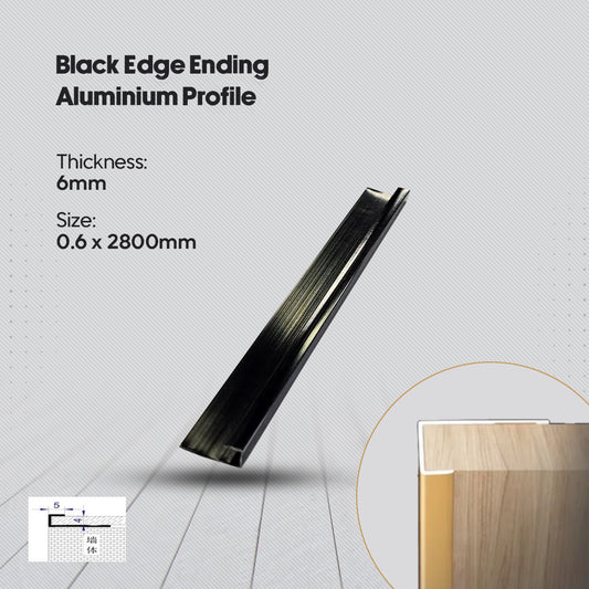 Black edge ending aluminium profile with specifications on a gray background