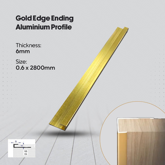 Gold edge ending aluminium profile with specifications on a gray background