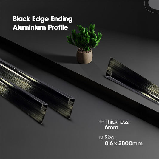 Black edge ending aluminium profile with a plant on a dark background
