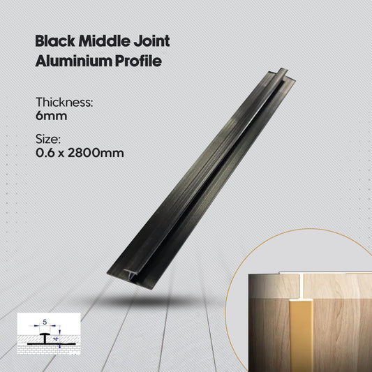 Black middle joint aluminium profile with specifications on a light gray background