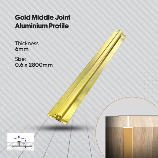 Gold middle joint aluminium profile with specifications on a gray background