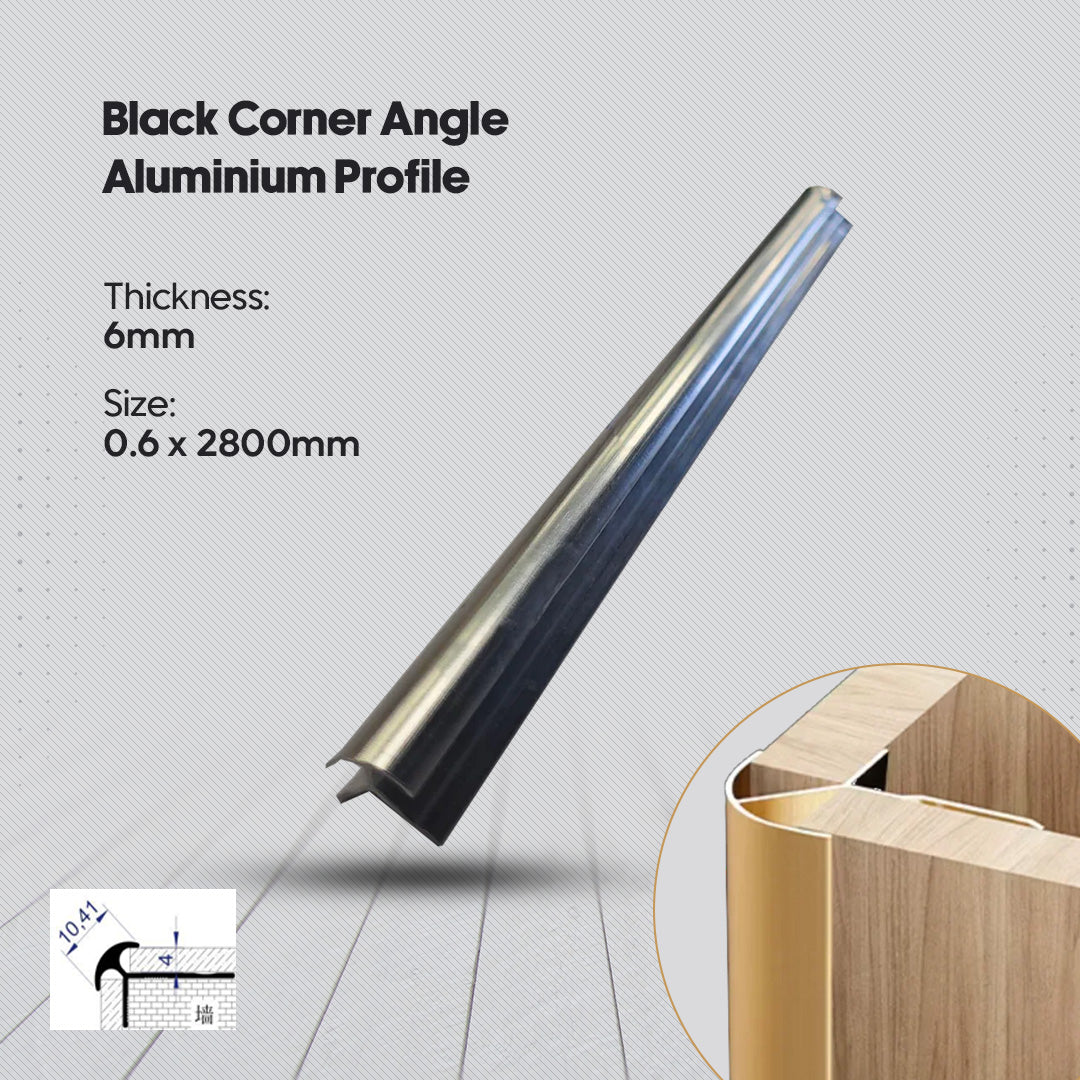 Black corner angle aluminium profile with specifications on a gray background