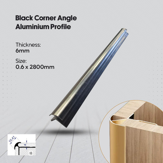 Black corner angle aluminium profile with specifications on a gray background