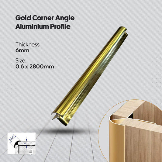 Gold corner angle aluminium profile with specifications on a gray background