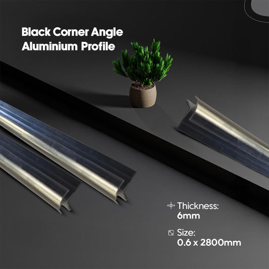 Black corner angle aluminium profile with a plant on a dark surface