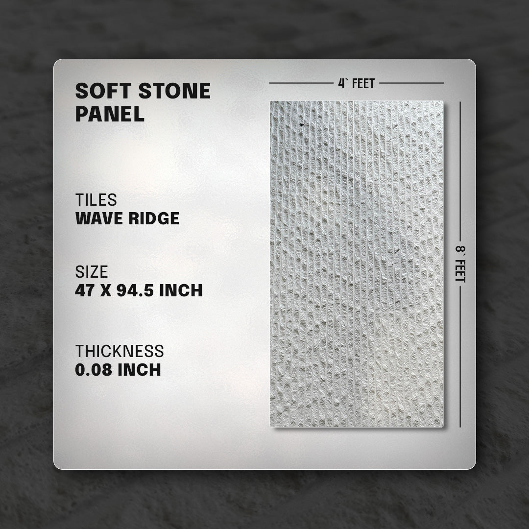 Soft stone panel with texture sample and specifications on a dark background, soft stone, soft stone panel, soft stone wall panel, wall panel, wave ridge, faux stone, faux stone wall panel, stone look panel