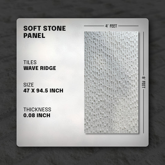 Soft stone panel with texture sample and specifications on a dark background, soft stone, soft stone panel, soft stone wall panel, wall panel, wave ridge, faux stone, faux stone wall panel, stone look panel